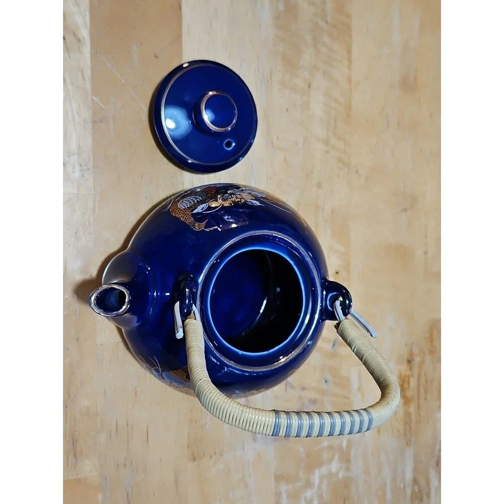 Vintage Japanese Cobalt Blue Tea Set With Gold Peacock Design - Teapot W/ 4 Cups